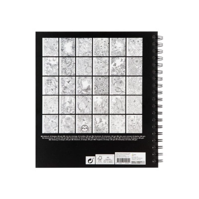 Contracapa preta de livro de colorir com amostras de desenhos em preto e branco