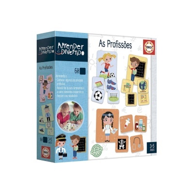 Caixa do jogo educativo 'As Profissões' para crianças, com cartas ilustradas sobre profissões