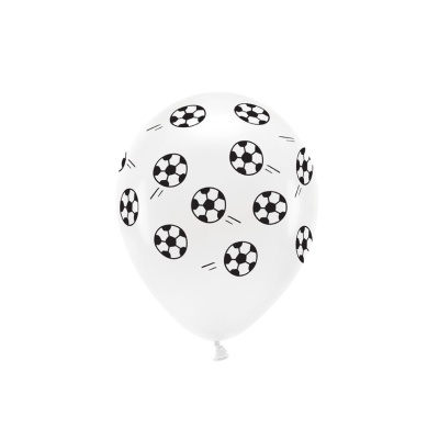 Balão branco com bolas de futebol pretas e brancas