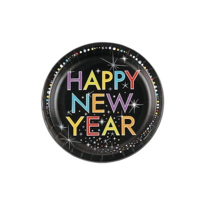Prato preto de papel com texto colorido 'HAPPY NEW YEAR' e decoração de estrelas.