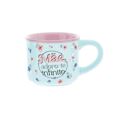 Caneca de cerâmica azul claro com interior rosa e frase para mãe