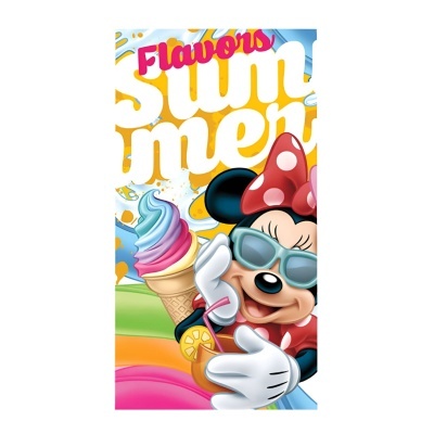 Personagem Minnie Mouse com gelado em cone e texto Flavors summer colorido.