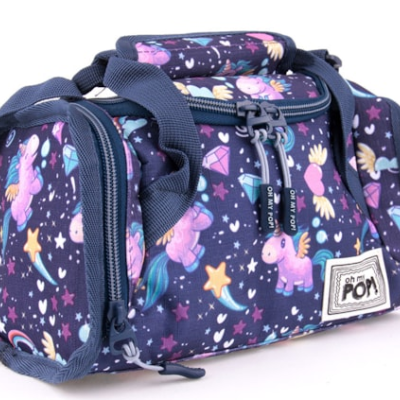 Bolsa azul escura com padrão colorido de unicórnios e estrelas