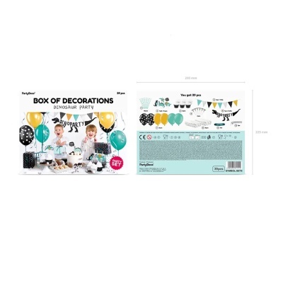 Caixa de decoração para festa de aniversário com tema dinossauro e diversos itens decorativos coloridos