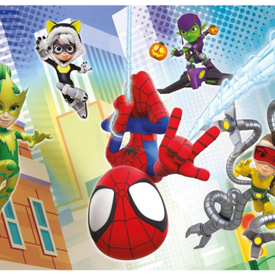 Personagens animados de super-heróis coloridos voando em fundo urbano