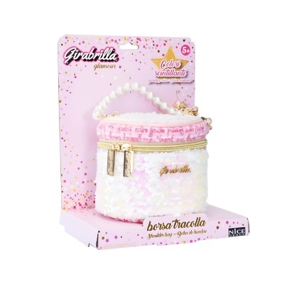 Bolsa redonda branca e rosa com paetês e alça de pérolas em embalagem rosa