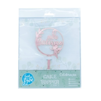 Topper para bolo acrílico rosa metálico com texto O meu Batismo e anjo em embalagem plástica