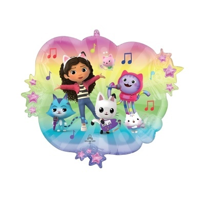 Balão colorido com personagens animados e estrelas cor-de-rosa