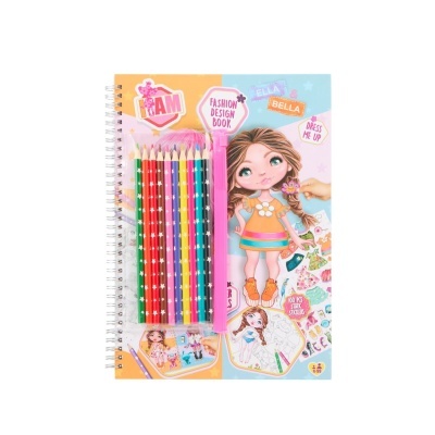 Livro de design de moda para crianças com lápis de cor e boneca na capa