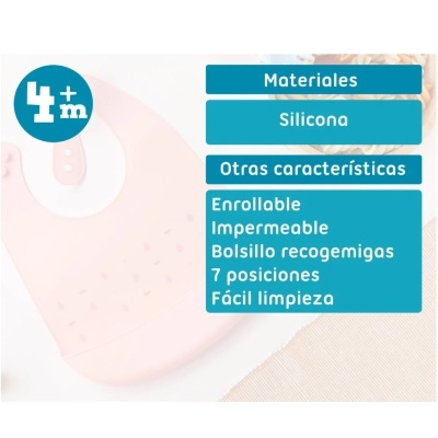 Babete de silicone cor-de-rosa para bebés com mais de 4 meses