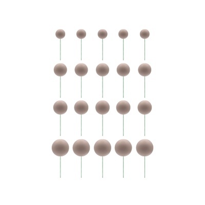 Bolas marrons unidas por hastes verdes organizadas em colunas sobre fundo branco