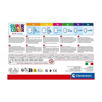 Parte traseira da caixa de puzzle SUPER COLOR da Clementoni com indicações de idades e tamanhos de peças.
