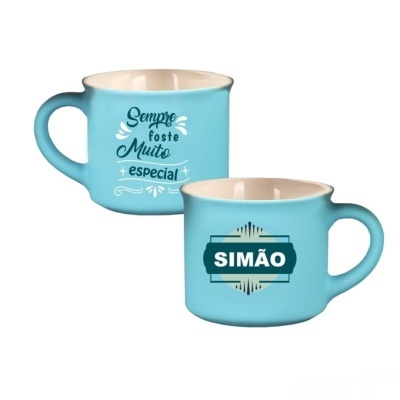 Duas canecas azuis foscas com texto e nome em branco, interior creme