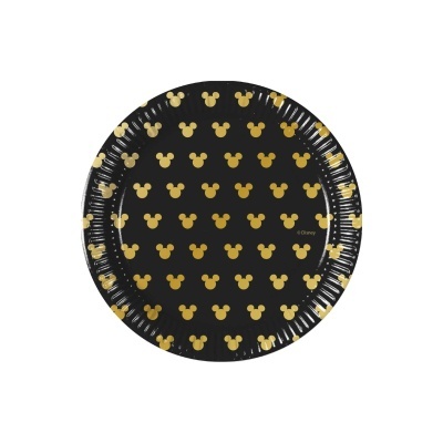 Prato descartável preto com silhuetas douradas da cabeça do Mickey Mouse