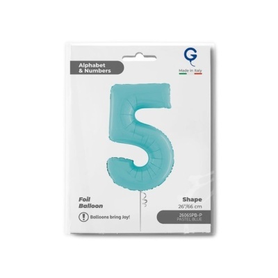 Balão azul pastel metálico em forma de número 5 com embalagem branca