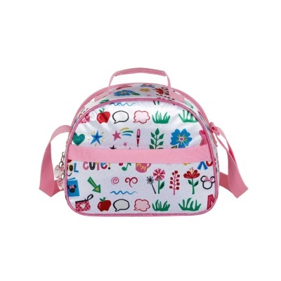 Bolsa infantil pequena cor-de-rosa com estampado colorido e bolso frontal