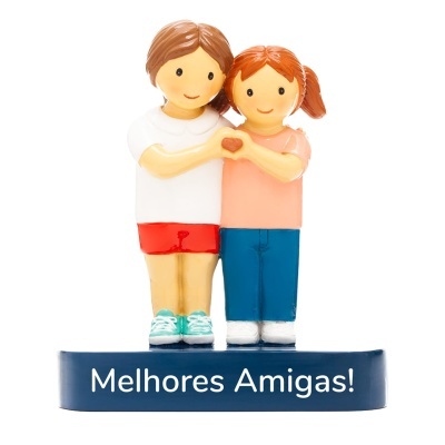 Figura decorativa de duas amigas com base azul e texto 'Melhores Amigas!'