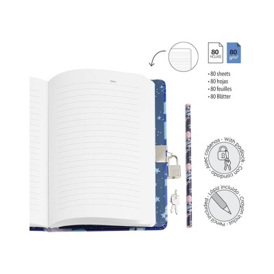 Caderno azul com estrelas, folha pautada, cadeado com chaves e lápis decorado