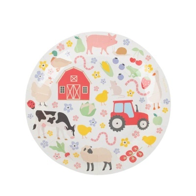 Prato redondo ilustrado com animais de quinta e vegetais.