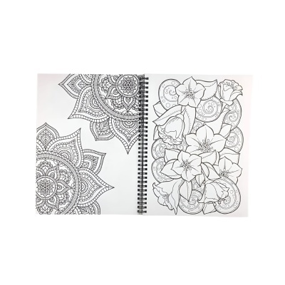 Livro de colorir com desenhos de mandalas e flores em páginas abertas