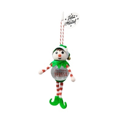 Enfeite de Natal boneco com pernas riscas vermelhas e brancas e sapatos verdes