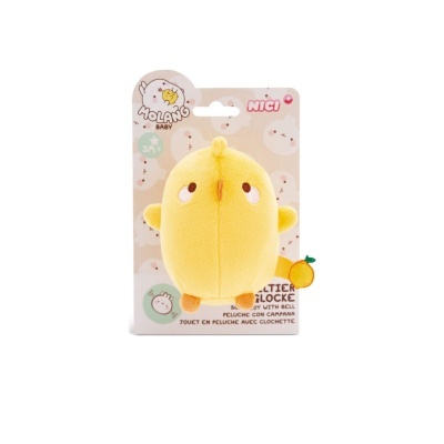 Brinquedo de peluche amarelo em forma de pássaro com etiqueta