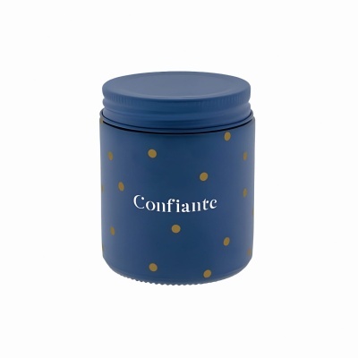 Frasco azul decorado com pontos amarelos e texto Confiante