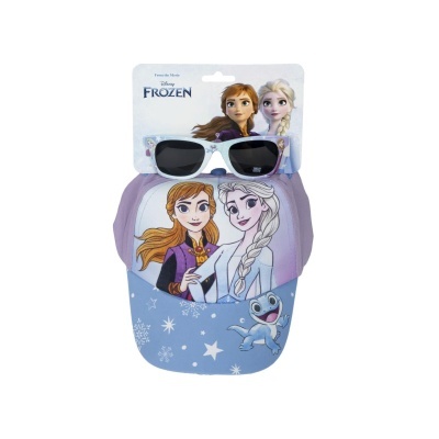 Chapéu de sol azul com personagens Anna e Elsa da Frozen e óculos de sol brancos