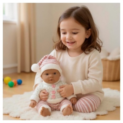 Menina pequena sentada com uma boneca vestida de branco e rosa num tapete branco em ambiente interior