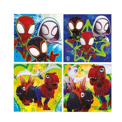 Ilustrações de bonecos Spider-Man e dinossauros em fundos coloridos.