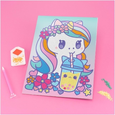 Quadro colorido de unicórnio em pérolas sobre fundo rosa