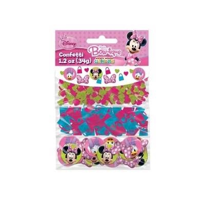 Pacote rosa de confetti Disney com desenhos e formas da Minnie Mouse coloridas.