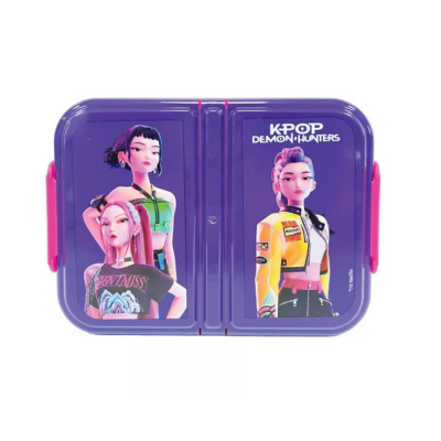 Estojo plástico roxo com personagens femininas e texto KPOP DEMON HUNTERS