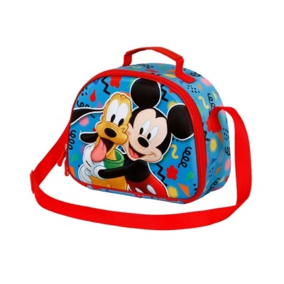 Mochila infantil azul com desenhos do Mickey Mouse e Pluto e detalhes vermelhos.