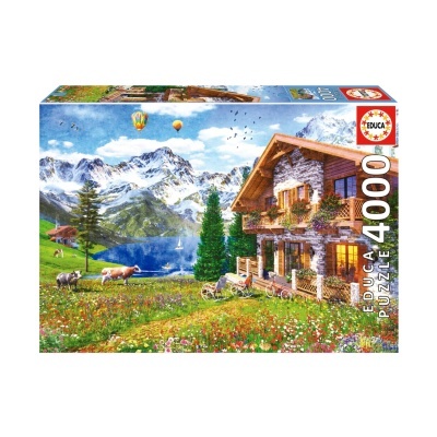 Caixa de puzzle EDUCA 4000 peças com imagem de paisagem montanhosa e casa rústica
