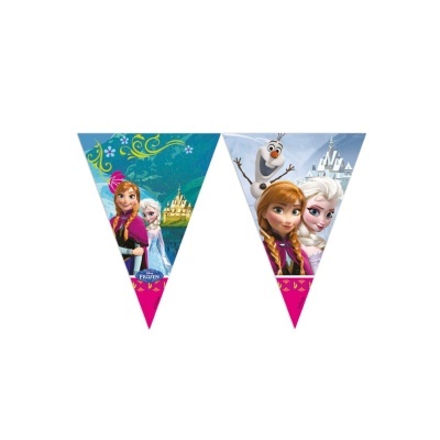 Banners triangulares com personagens Frozen Anna, Elsa e Olaf e castelos de gelo