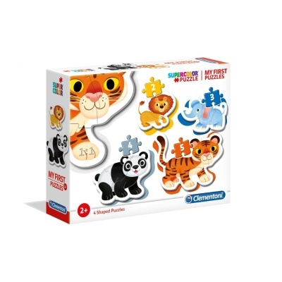 caixa de puzzle infantil com 4 puzzles de animais e texto de marca e idade recomendada