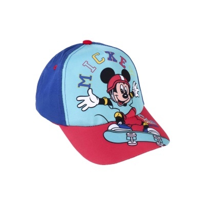 Boné infantil azul e vermelho com estampa do Mickey Mouse a andar de skate