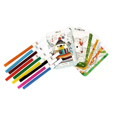 Marcadores coloridos com folhas para colorir com desenhos de animais e texto