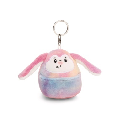 Porta-chaves de peluche colorido com orelhas longas e rosto sorridente