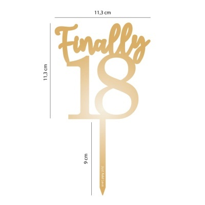 Topper de bolo dourado Finally 18 com medidas indicadas