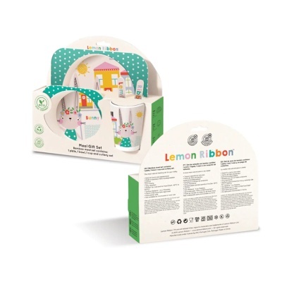 Conjunto de refeição infantil Lemon Ribbon em bambu com tema coelho e embalagem branca com verde e bolinhas