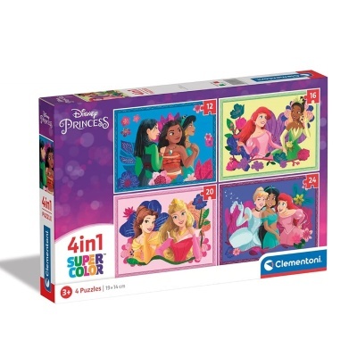 Conjunto de quatro puzzles Disney Princess com várias peças em caixas coloridas