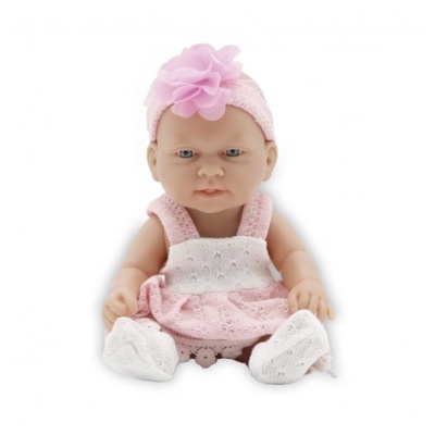Boneca de bebé com vestido de malha rosa e touca cor-de-rosa com flor