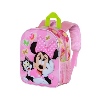 Mochila infantil rosa com estampa da Minnie Mouse e borboletas.