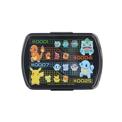 Recipiente preto com desenhos de Pokémon pixelados e números identificadores