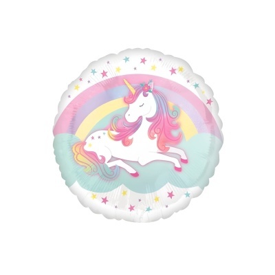 Balão redondo branco com unicórnio colorido e arco-íris
