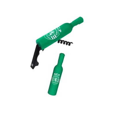 Abridor de garrafas verde com texto SCP e espiral metálica