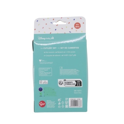 embalagem de conjunto de talheres Disney baby azul claro e branca