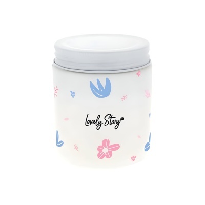 Frasco branco fosco decorado com flores azuis e cor-de-rosa com tampa branca